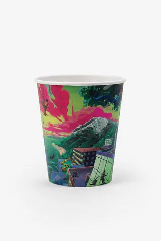 Custom branded paper cup with abstract jungle artwork