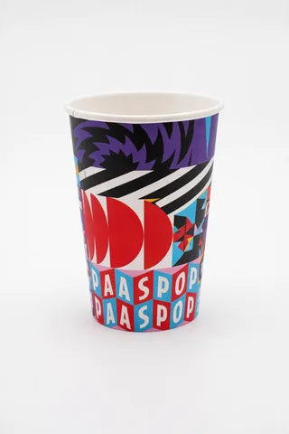 Custom branded paper cup with bold red and blue pattern
