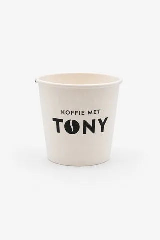 Custom branded paper cup with minimal black typography