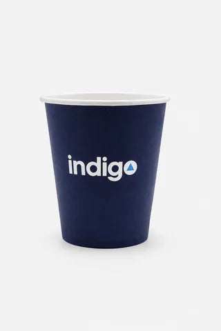 Custom branded paper cup with navy indigo branding