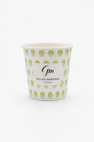 Custom branded paper cup with soft green botanical pattern