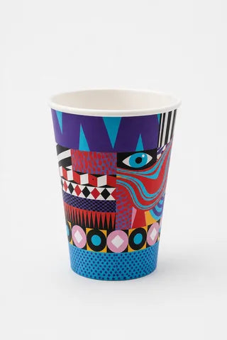 Custom branded paper cup with tribal-inspired geometric pattern