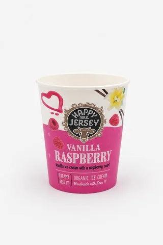 Custom branded paper cup with vanilla raspberry dessert artwork