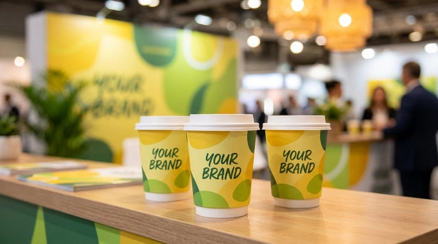 Custom branded paper cups displayed on a trade show counter