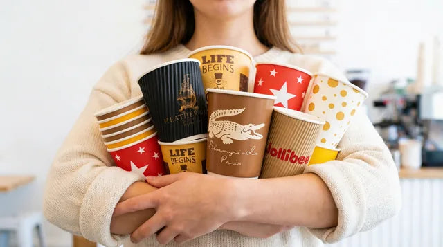 Person holding an assortment of custom branded takeaway cups